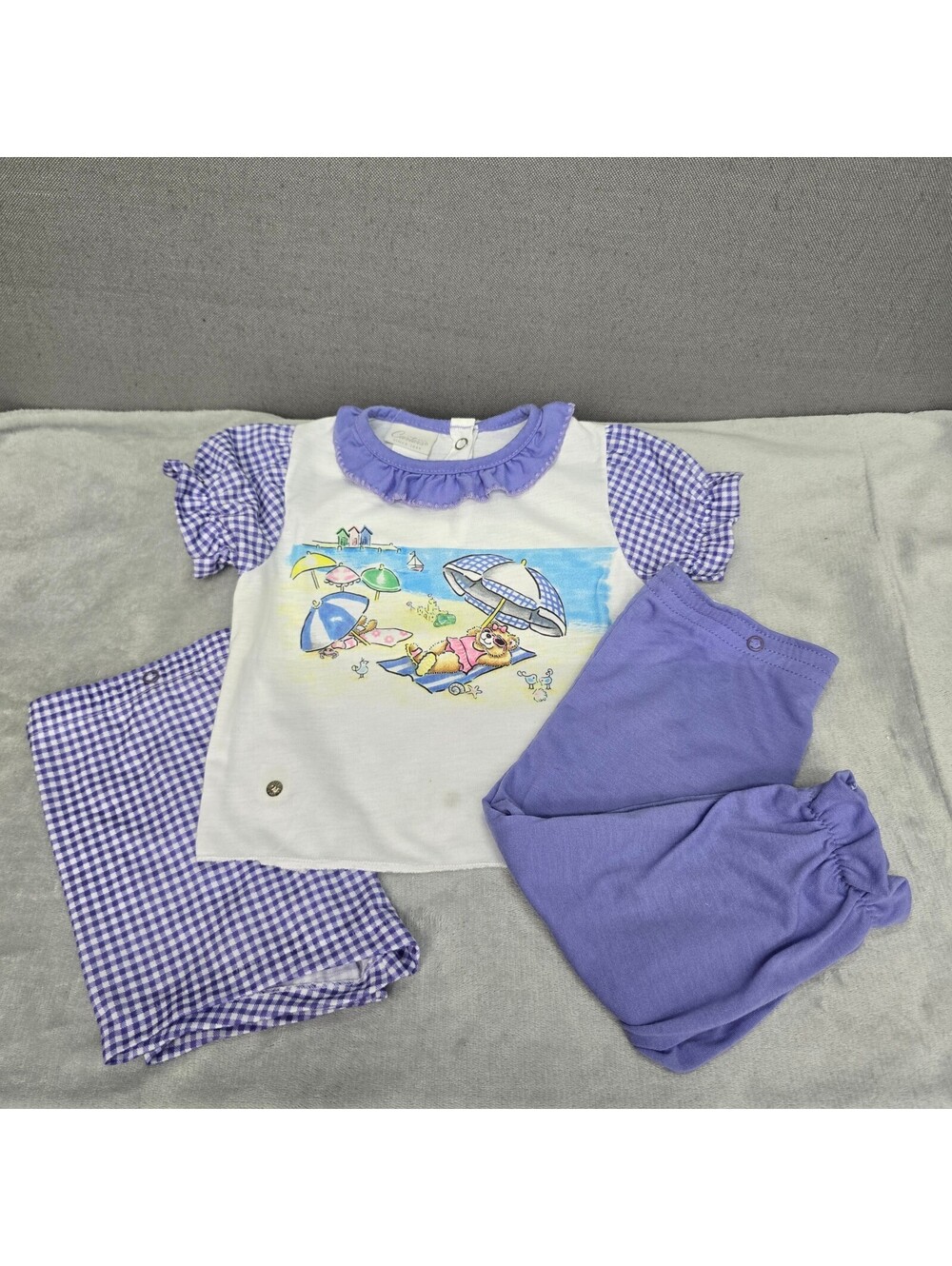 Vintage Carters Girl 3pc Snap Together Beach Teddy Bear Pajama Set Pants Shorts